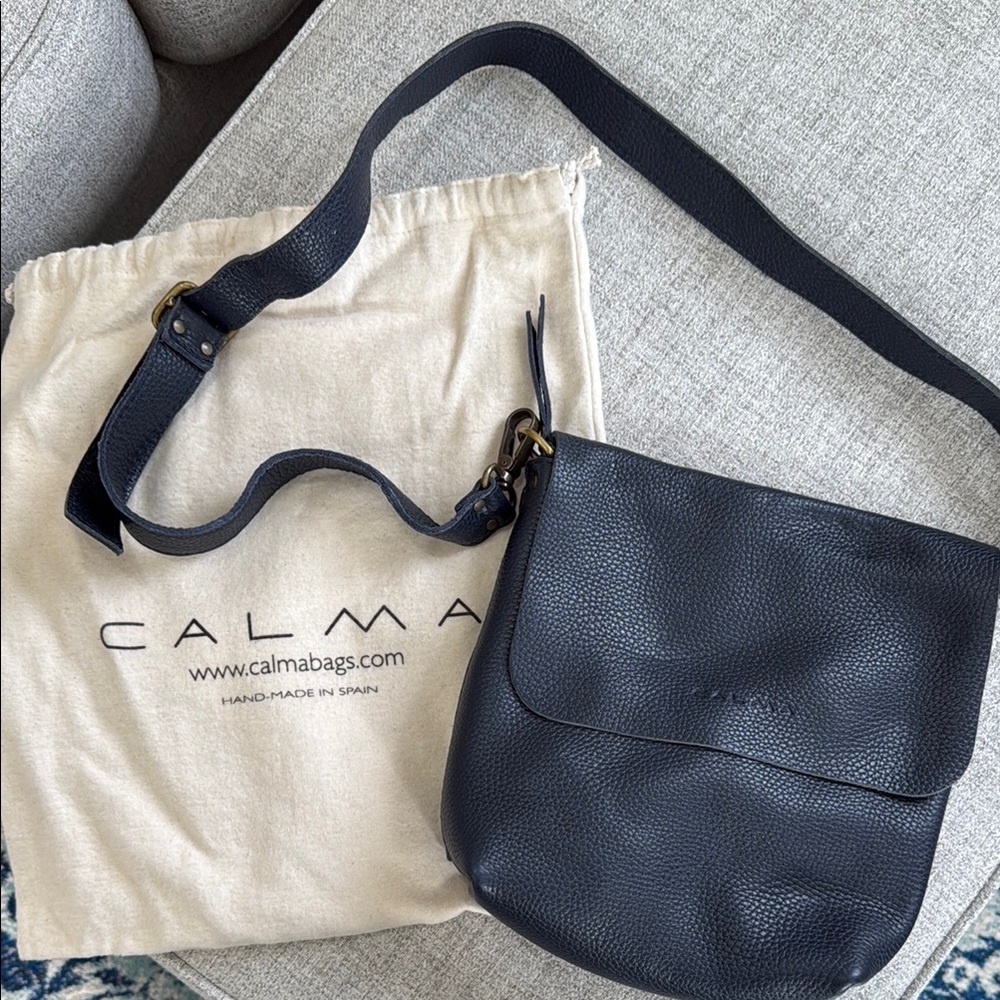 New! Calma Pebbled Leather Navy Crossbody Bag